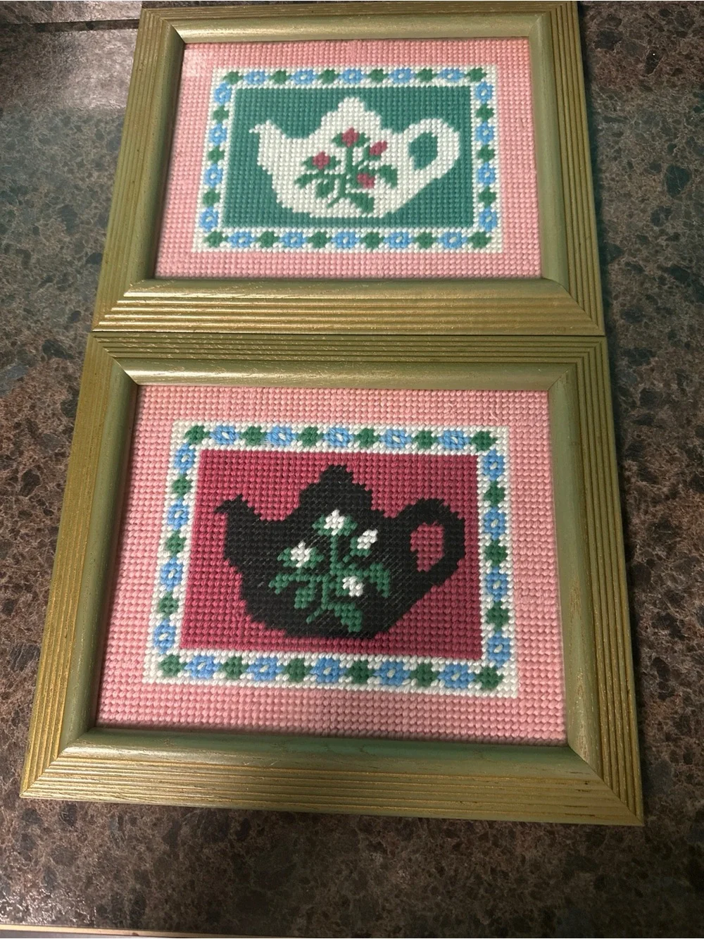 Vtg Framed Needlepoint Wall Art Set Teapot Coffeepot Pink Gold 10.25x12.25”